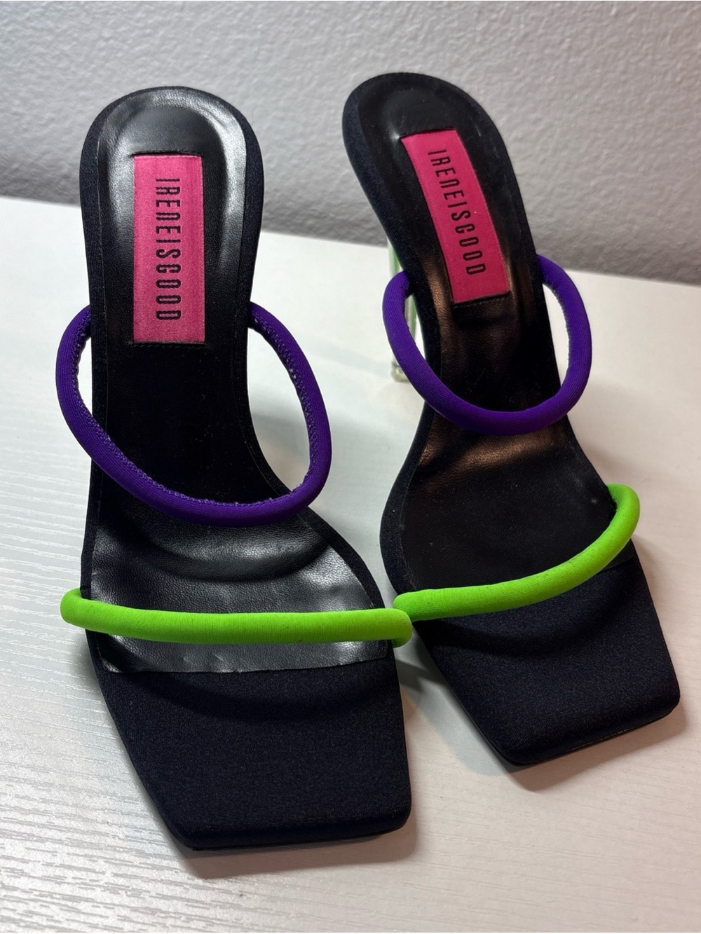 IRENEISGOOD Green Purple Neoprene Lucite Mules Size 6.5